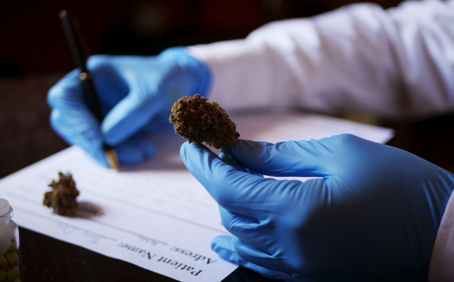 Mediziner hält eine Cannabis-Knospe.
